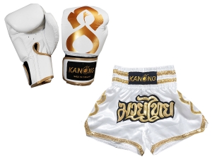 Kanong Muay Thai Boxing Gloves and Thai Shorts Value Set : Set-121-Thaikick-White